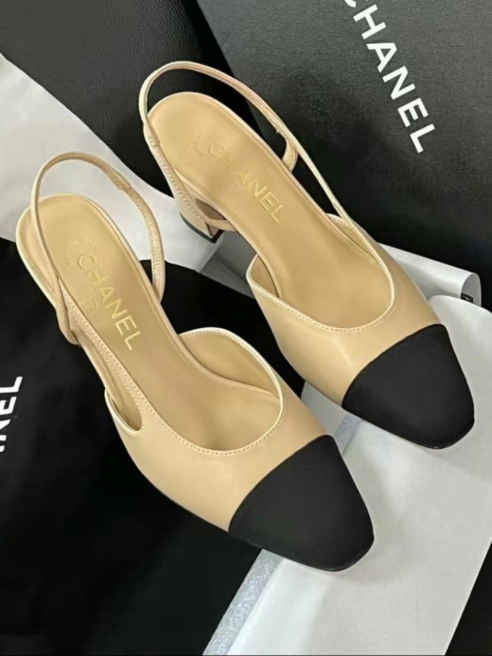 Chanel Beige Black Two-Tone Cap Toe Slingback Block Heel Pumps